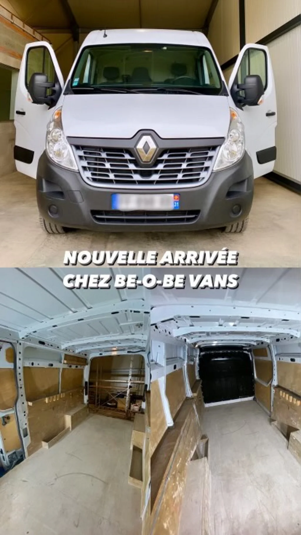 Fourgon Renault Master Blanc de face et en vue intérieure, en attente d'aménagement dans les ateliers de Be-o-Be Vans
